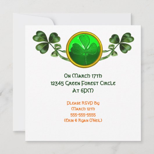 INVITATION FÊTE DE LA SAINT-PATRICK PARTIE VERTE ÉMERALDE MON (Dos)