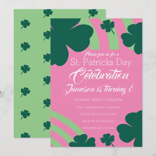 Invitation Fête de la Saint-Patrick Shamrock Vert Arc-en-ciel (Devant / Derrière)