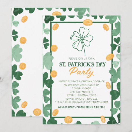 Invitation Fête de la Saint-Patrick Trèfle Vert Élégant (Devant / Derrière)