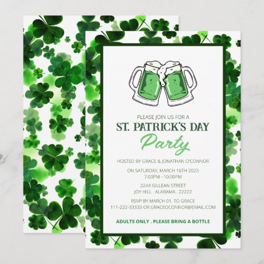 Invitation Fête de la Saint-Patrick Trèfle Vert Élégant (Devant / Derrière)