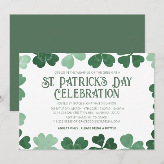 Invitation Fête de la Saint-Patrick Trèfle Vert et Blanc (Devant / Derrière)