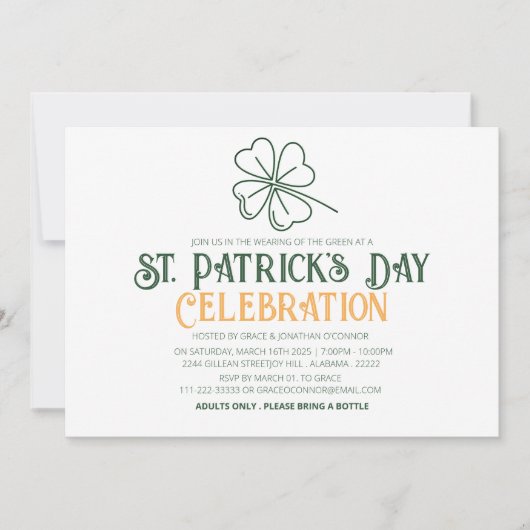 Invitation Fête de la Saint-Patrick Trèfle Vert et Blanc (Devant)