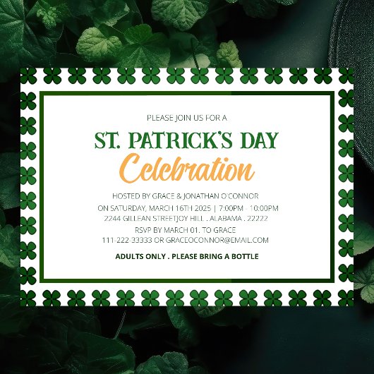 Invitation Fête de la Saint-Patrick Trèfle Vert et Blanc