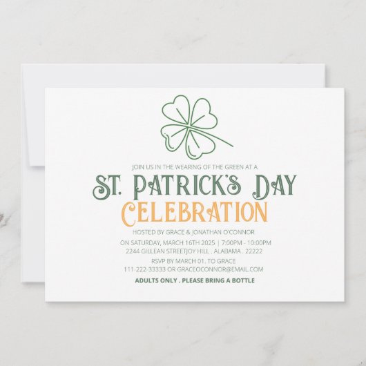 Invitation Fête de la Saint-Patrick Trèfle Vert et Blanc (Devant)