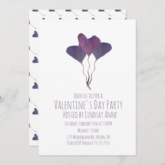 Invitation Fête de la Saint-Valentin Cœur Aquarelle Violet (Devant / Derrière)