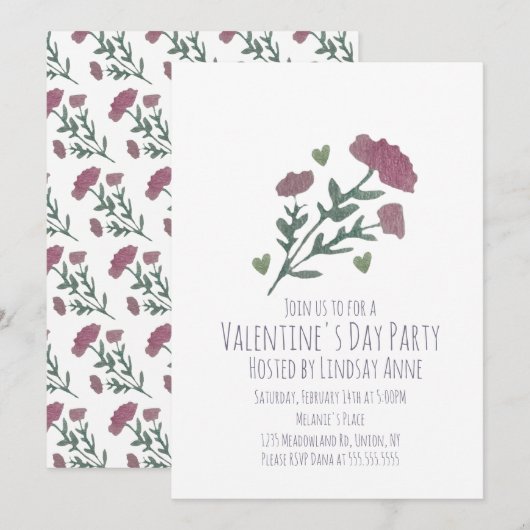 Invitation Fête de la Saint-Valentin Cœur de fleurs aquarelle (Devant / Derrière)
