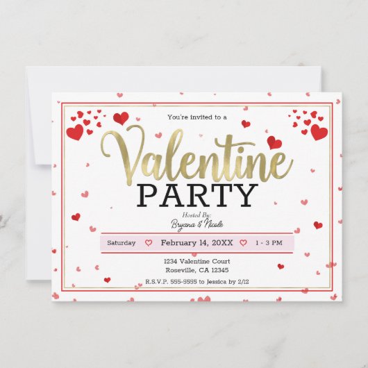 Invitation Fête de la Saint-Valentin Cœurs Rouge Or (Devant)