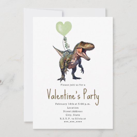 Invitation Fête de la Saint-Valentin Dinosaure Cœur Vert (Devant)