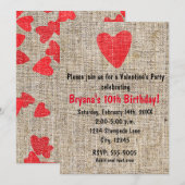 Invitation Fête de la Saint-Valentin en toile de jute à cœur  (Devant / Derrière)