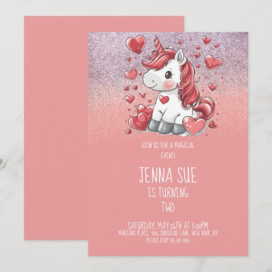 Invitation Fête de la Saint-Valentin Licorne (Devant / Derrière)