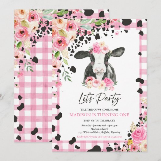 Invitation Fête de la vache Fête rose Floral Ranch Anniversai (Devant / Derrière)