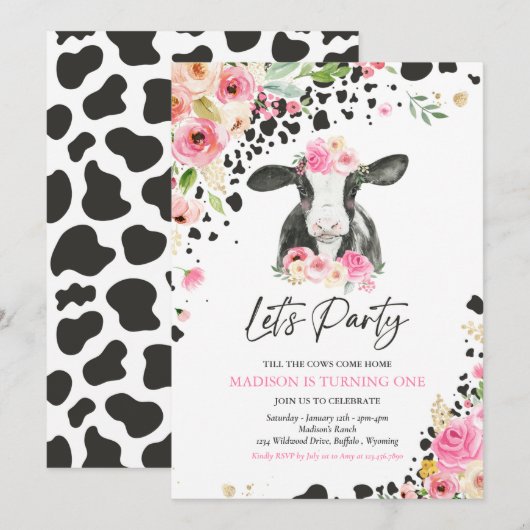 Invitation Fête de la vache Fête rose Floral Ranch Anniversai (Devant / Derrière)