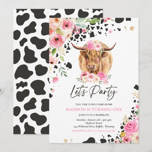 Invitation Fête de la vache Fête rose Floral Ranch Anniversai (Devant / Derrière)