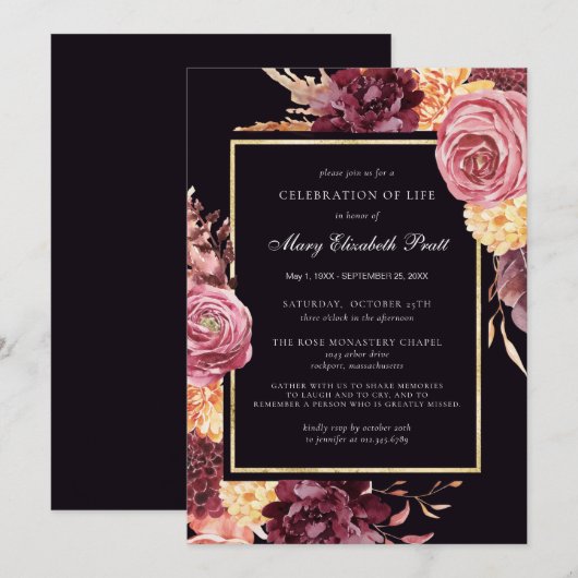 Invitation Fête de la vie Bourgogne Dusty rose Floral (Devant / Derrière)