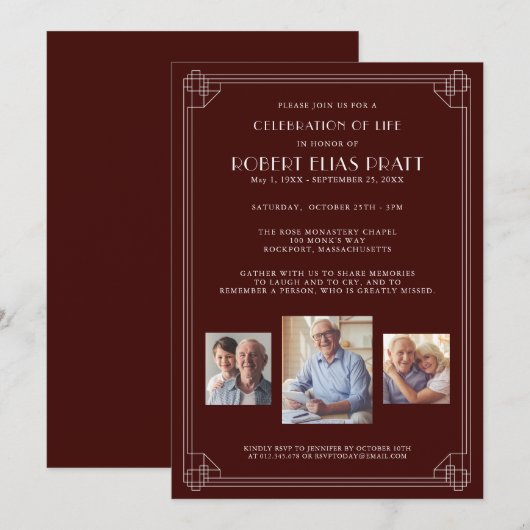 Invitation Fête de la vie Bourgogne Rouge Blanc 3 Photo (Devant / Derrière)