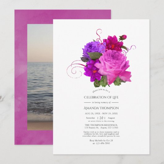 Invitation Fête de la vie de Fuchsia et Purple Shabby (Devant / Derrière)