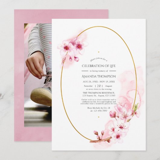 Invitation Fête de la vie en fleurs de cerisier rose (Devant / Derrière)