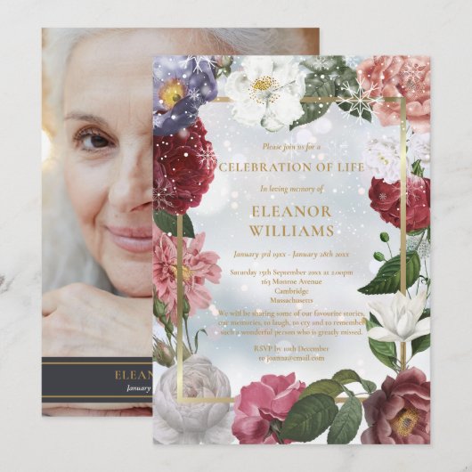 Invitation Fête de la vie funéraire de l'hiver Photo florale (Devant / Derrière)