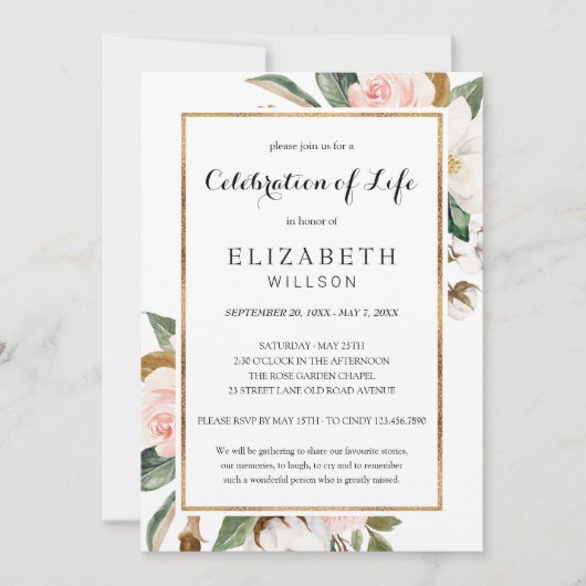 Invitation Fête de la vie funéraire Mémorial Blush Floral (Devant)