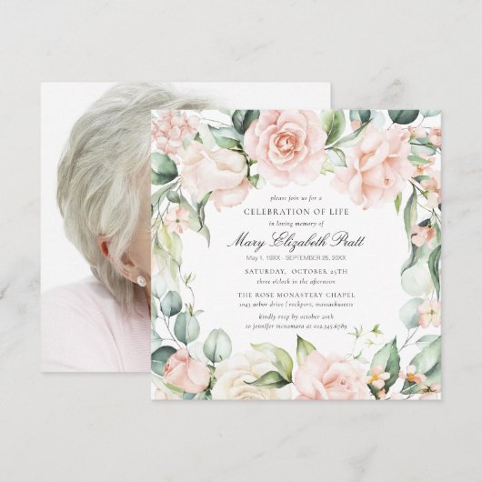 Invitation Fête de la vie Funéraire Photo Rose Floral (Devant / Derrière)