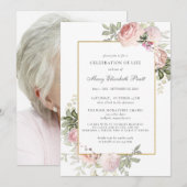 Invitation Fête de la vie Funéraire Photo rose florale (Devant / Derrière)