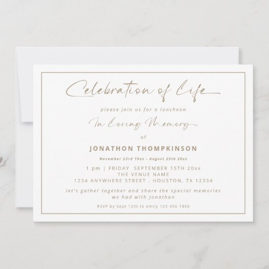 Invitation Fête De La Vie Gold Frontière Déjeuner Funéraire (Devant)