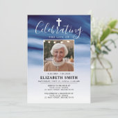 Invitation Fête de la vie Marine Blue Ombre Photo Funérailles (Debout devant)