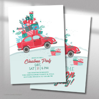 Invitation Fête de la voiture rouge festive avec des cadeaux