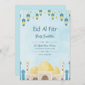 Invitation Fête de l'Aïd à l'aquarelle bleue et jaune (Devant / Derrière)