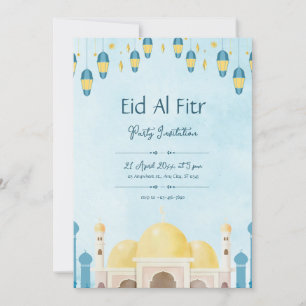 Invitation Fête de l'Aïd en aquarelle bleue et jaune
