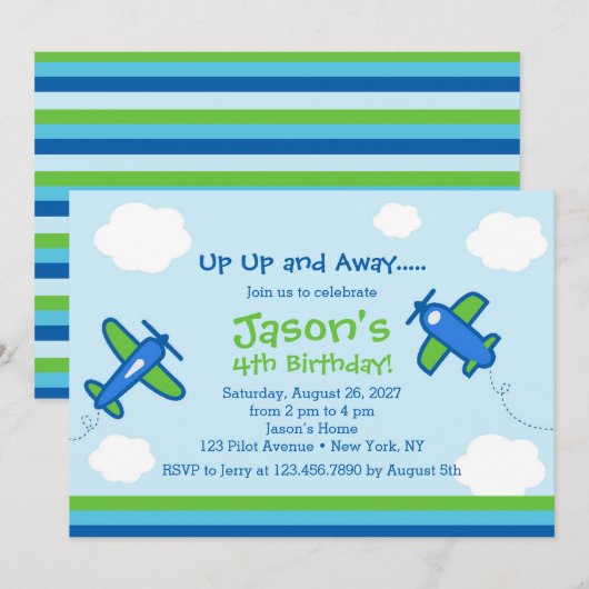 Invitation Fête de l'anniversaire de l'avion vers le haut et  (Devant / Derrière)