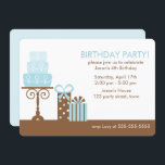 Invitation Fête de l'anniversaire du gâteau et du cadeau<br><div class="desc">Les invitations simples et chic à la fête d'anniversaire comportent une jolie illustration vectorielle d'un gâteau bleu et des cadeaux. 
Graphiques © Cocoa Studio</div>