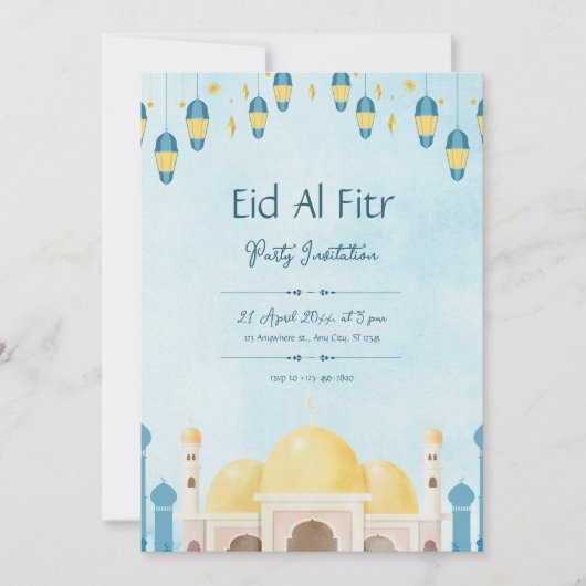 Invitation Fête de l'Eid aquarelle bleue et jaune (Devant)