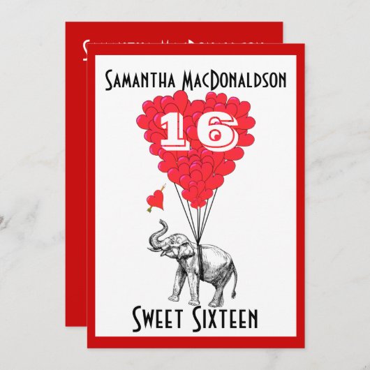 Invitation Fête de l'éléphant drôle sweet sixteen (Devant / Derrière)