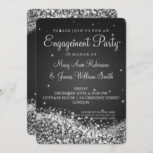 Invitation Fête de l'engagement Mariage Sparkling Wave Black (Devant / Derrière)