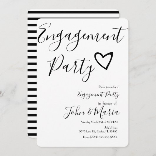 Invitation Fête de l'engagement moderne Black Stripes Coeur (Devant / Derrière)