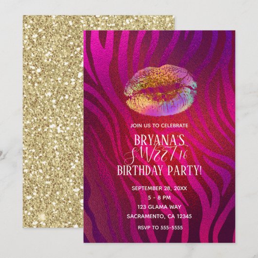 Invitation Fête de lèvres de paillettes d'or arc-en-ciel zèbr (Devant / Derrière)