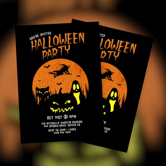 Invitation Fête de l'Halloween Citrouille effrayant Chat et F