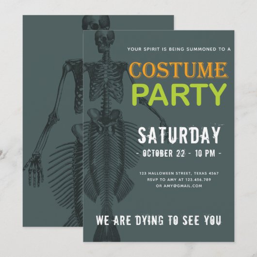 Invitation Fête de l'Halloween de Mermaid Skeleton (Devant / Derrière)