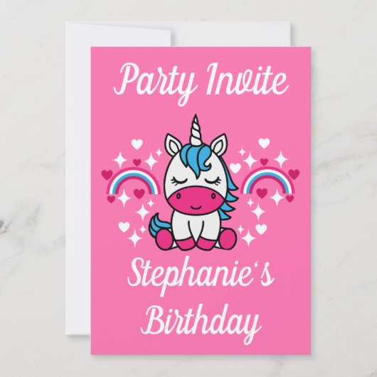 Invitation Fête de licorne rose pour petites filles (Devant)