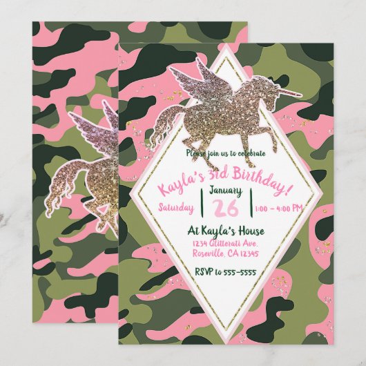 Invitation Fête de licorne rose verte camouflage et or (Devant / Derrière)