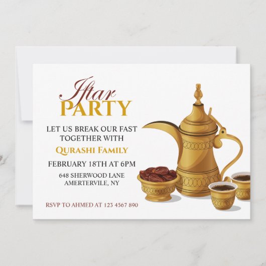 Invitation Fête de l'Iftar Café Arabe Doré Dallah & Dates (Devant)