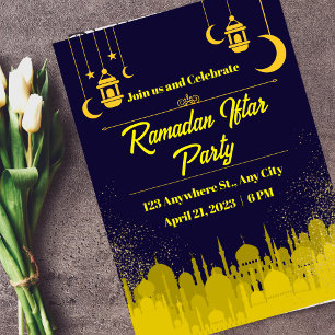 Invitation Fête de l'Iftar Ramadan Bleu foncé et Jaune