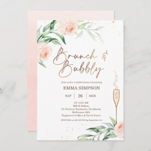 Invitation Fête de l'mariée à bulles de brunch rose or (Devant / Derrière)
