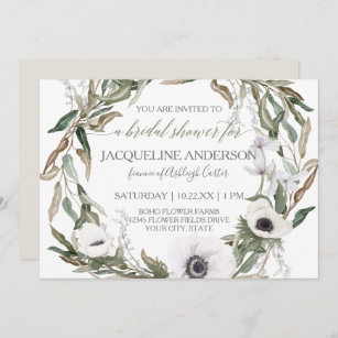 Invitation Fête de l'mariée Aquarelle Anémone Feuille d'olive