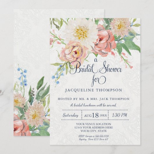 Invitation Fête de l'mariée Aquarelle Marine Bleu et Flore bl (Devant / Derrière)