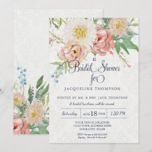 Invitation Fête de l'mariée Aquarelle Marine Bleu et Flore bl