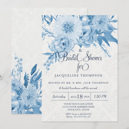 Invitation Fête de l'mariée Aquarelle Marine Bleu et Flore bl (Devant / Derrière)