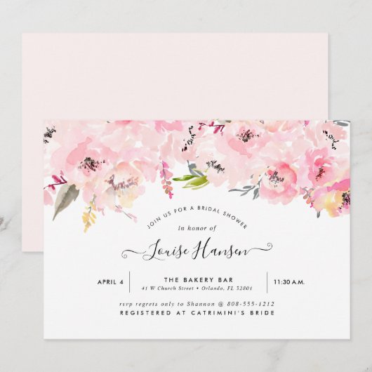Invitation Fête de l'mariée, Aquarelle Pale Pink Peonies (Devant / Derrière)