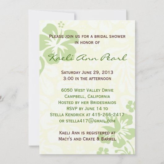 Invitation Fête de l'mariée aux fleurs de plage - Vert (Devant)